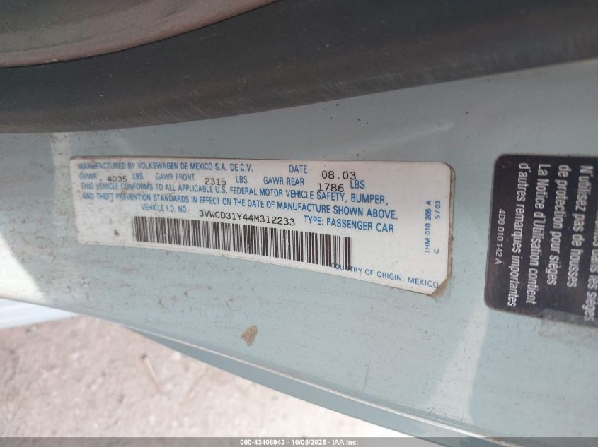2004 Volkswagen New Beetle Gls 1.8T VIN: 3VWCD31Y44M312233 Lot: 43408943