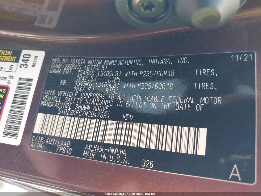 2022 Toyota Sienna Limited VIN: 5TDZSKFC7NS047691 Lot: 43408944