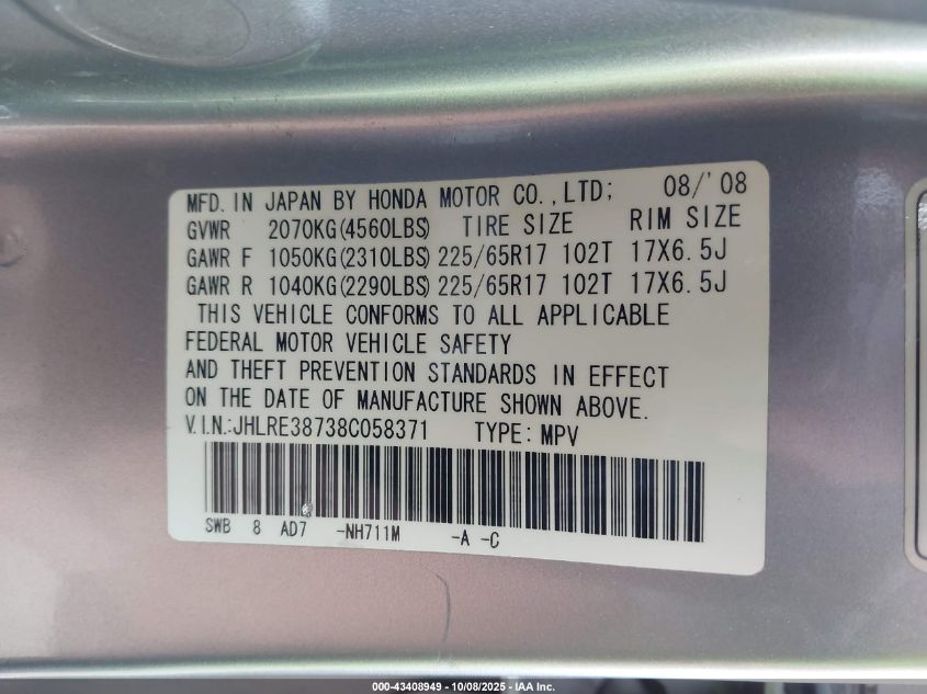2008 Honda Cr-V Ex-L VIN: JHLRE38738C058371 Lot: 43408949