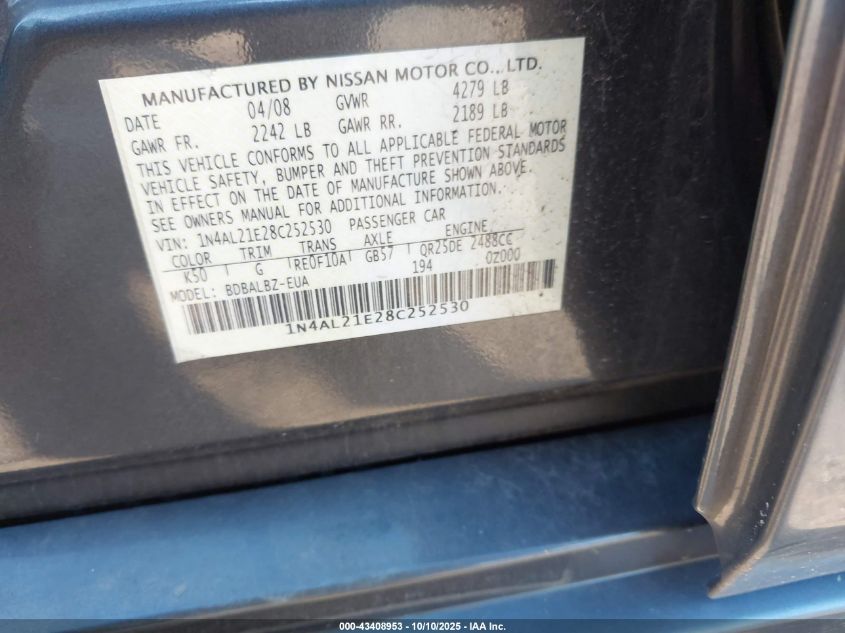 2008 Nissan Altima 2.5 S VIN: 1N4AL21E28C252530 Lot: 43408953
