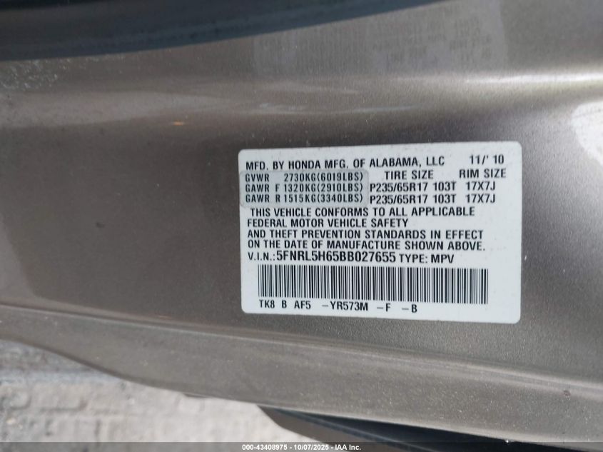 2011 Honda Odyssey Ex-L VIN: 5FNRL5H65BB027655 Lot: 43408975