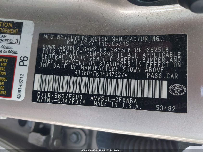 2015 Toyota Camry Hybrid Le VIN: 4T1BD1FK1FU172224 Lot: 43408974