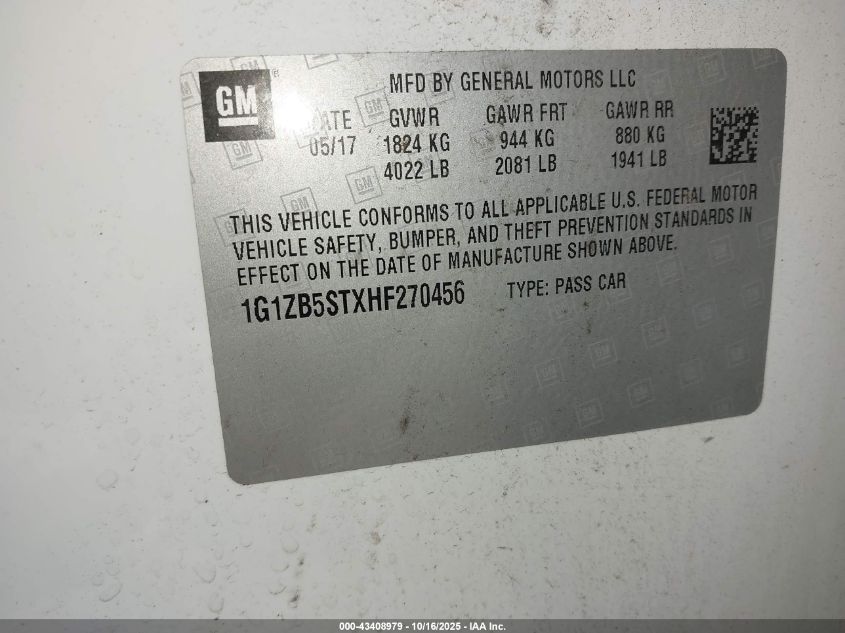 2017 Chevrolet Malibu Ls VIN: 1G1ZB5STXHF270456 Lot: 43408979