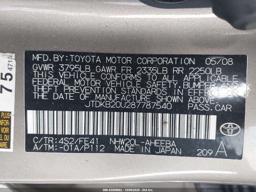 2008 Toyota Prius VIN: JTDKB20U287787540 Lot: 43408982