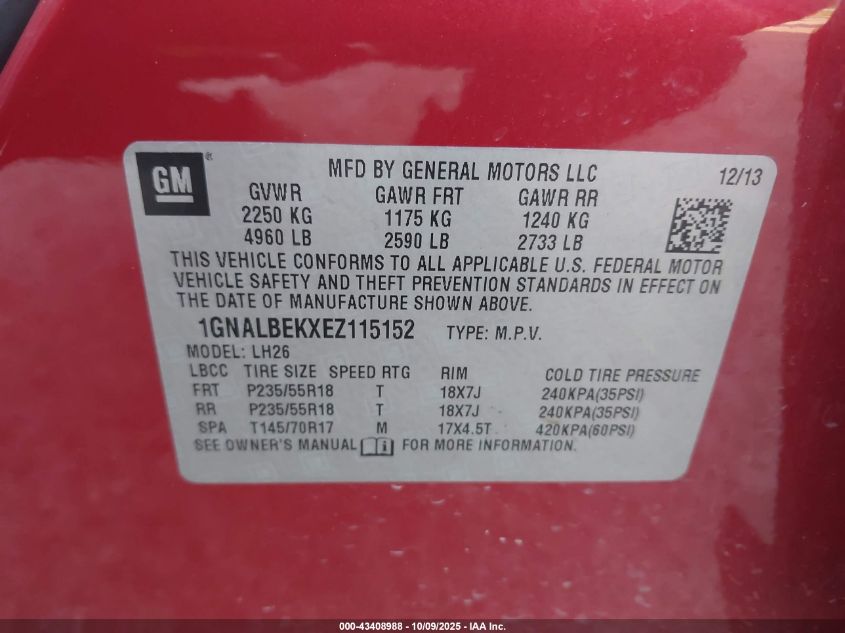 2014 Chevrolet Equinox 1Lt VIN: 1GNALBEKXEZ115152 Lot: 43408988