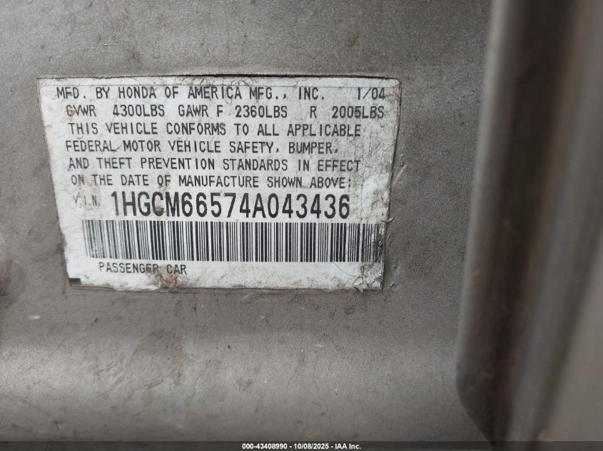 2004 Honda Accord 3.0 Ex VIN: 1HGCM66574A043436 Lot: 43408990