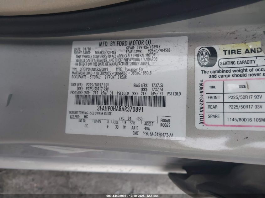 2010 Ford Fusion Se VIN: 3FAHP0HA8AR370891 Lot: 43408993