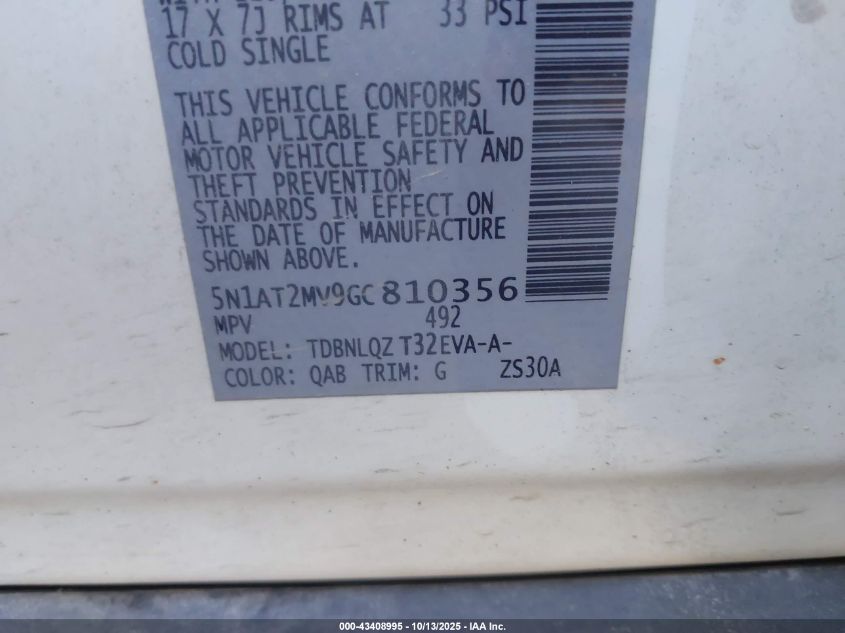 2016 Nissan Rogue Sv VIN: 5N1AT2MV9GC810356 Lot: 43408995