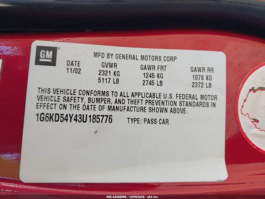 2003 Cadillac Deville Standard VIN: 1G6KD54Y43U185776 Lot: 43408996