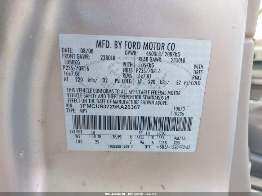 2009 Ford Escape Xlt VIN: 1FMCU93729KA26367 Lot: 43408998