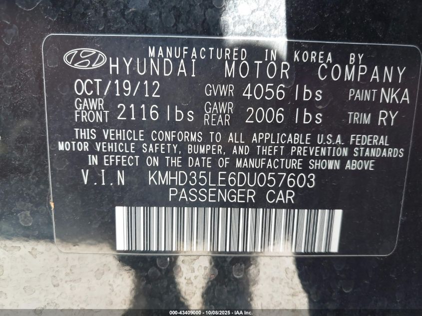 2013 Hyundai Elantra Gt VIN: KMHD35LE6DU057603 Lot: 43409000