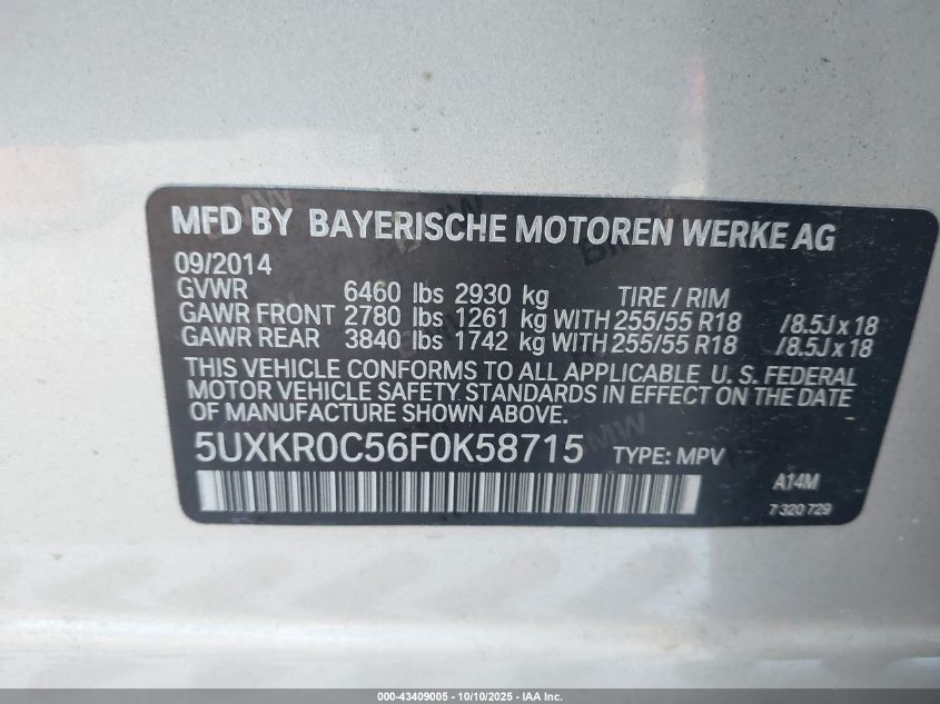 2015 BMW X5 xDrive35I VIN: 5UXKR0C56F0K58715 Lot: 43409005