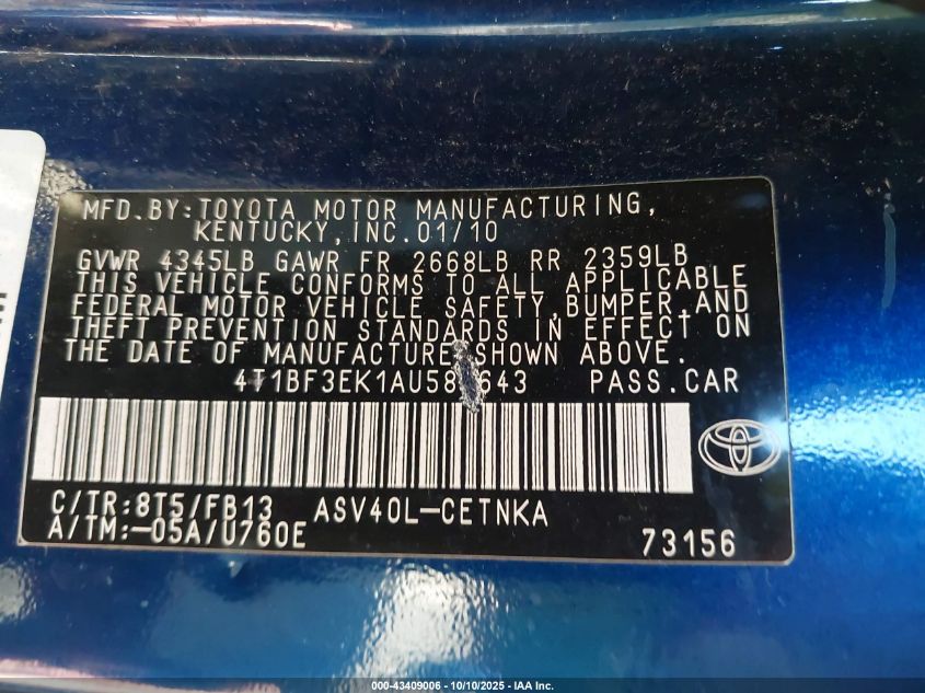 2010 Toyota Camry Le VIN: 4T1BF3EK1AU580643 Lot: 43409006
