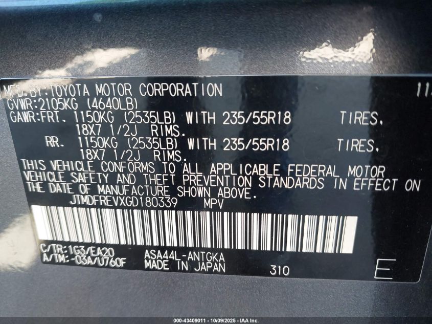 2016 Toyota Rav4 Limited VIN: JTMDFREVXGD180339 Lot: 43409011