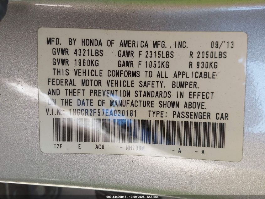 2014 Honda Accord Sport VIN: 1HGCR2F57EA030181 Lot: 43409015