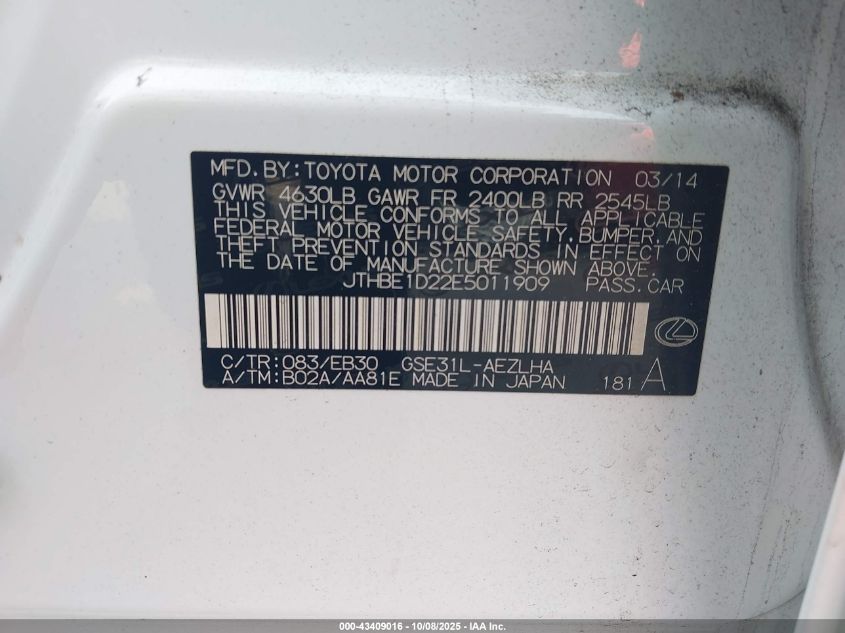 2014 Lexus Is 350 VIN: JTHBE1D22E5011909 Lot: 43409016