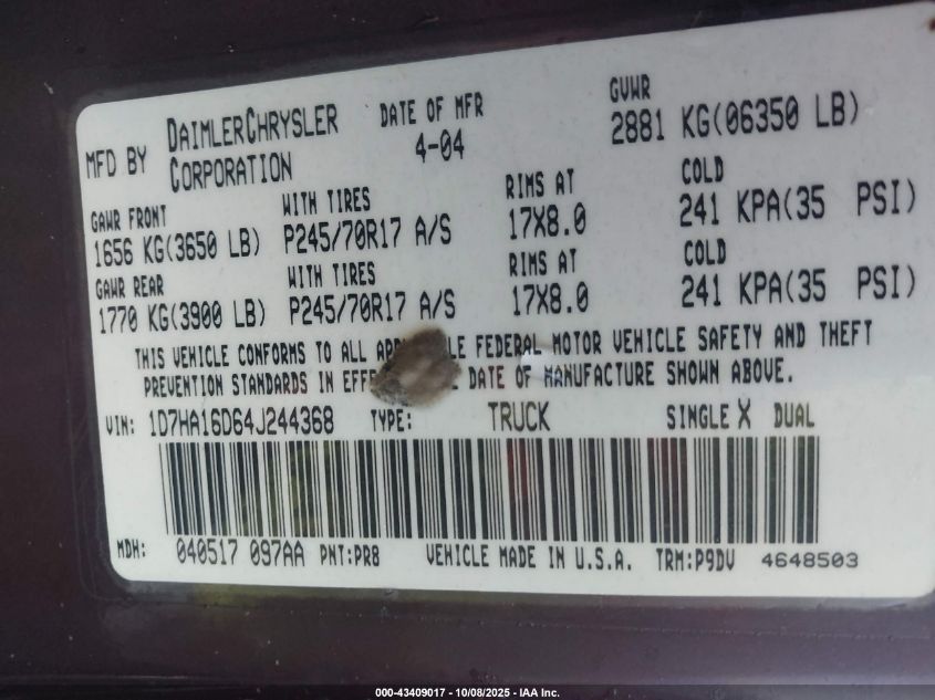 2004 Dodge Ram 1500 St VIN: 1D7HA16D64J244368 Lot: 43409017