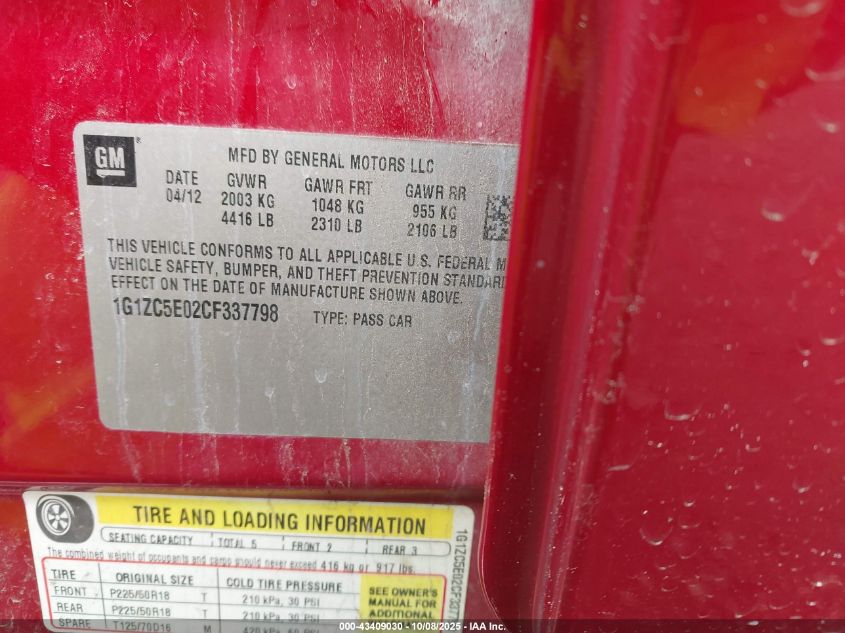 2012 Chevrolet Malibu 1Lt VIN: 1G1ZC5E02CF337798 Lot: 43409030