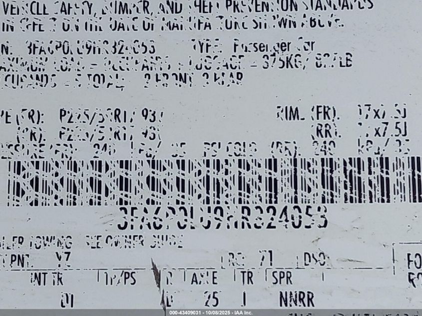 2017 Ford Fusion Hybrid Se VIN: 3FA6P0LU9HR324053 Lot: 43409031