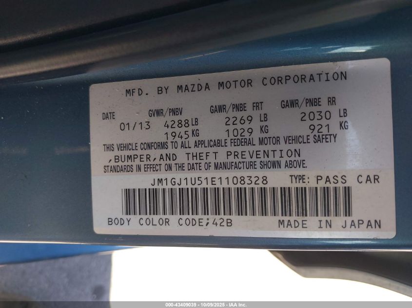 2014 Mazda Mazda6 I Sport VIN: JM1GJ1U51E1108328 Lot: 43409039