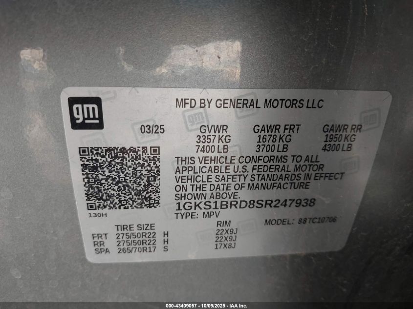 2025 GMC Yukon 2Wd Elevation VIN: 1GKS1BRD8SR247938 Lot: 43409057