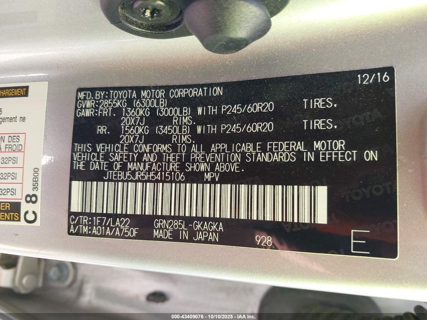 2017 TOYOTA 4RUNNER LIMITED JTEBU5JR5H5415106