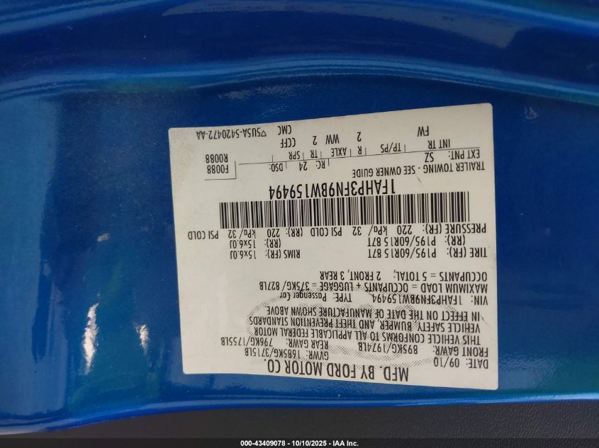 2011 Ford Focus Se VIN: 1FAHP3FN9BW159494 Lot: 43409078