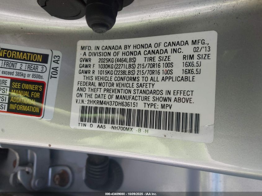 2013 Honda Cr-V Lx VIN: 2HKRM4H37DH636151 Lot: 43409080