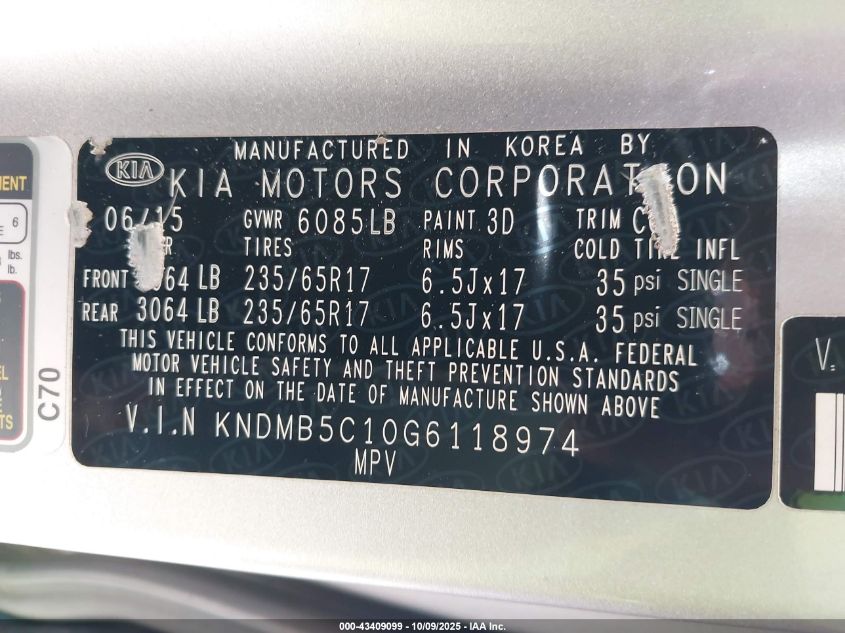 2016 Kia Sedona Lx VIN: KNDMB5C10G6118974 Lot: 43409099