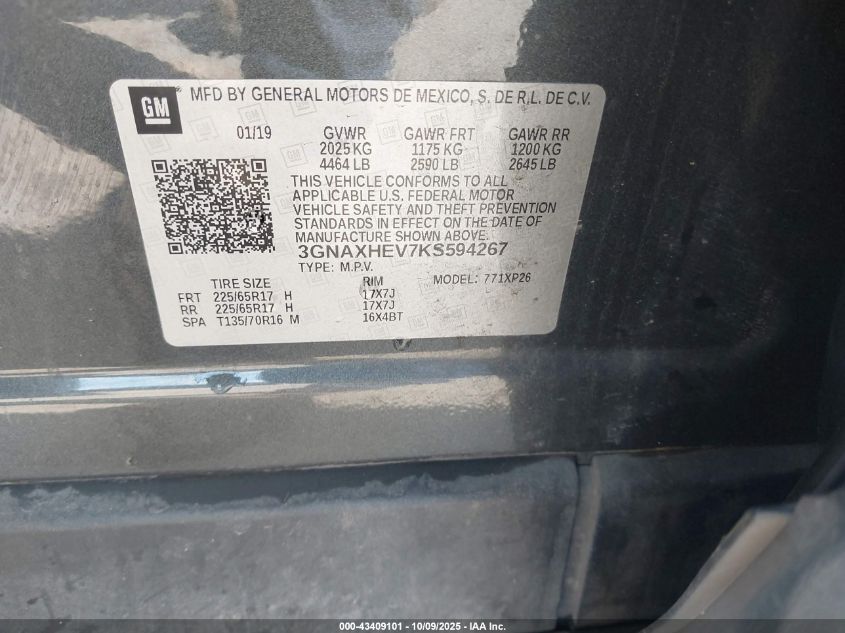 2019 Chevrolet Equinox Ls VIN: 3GNAXHEV7KS594267 Lot: 43409101