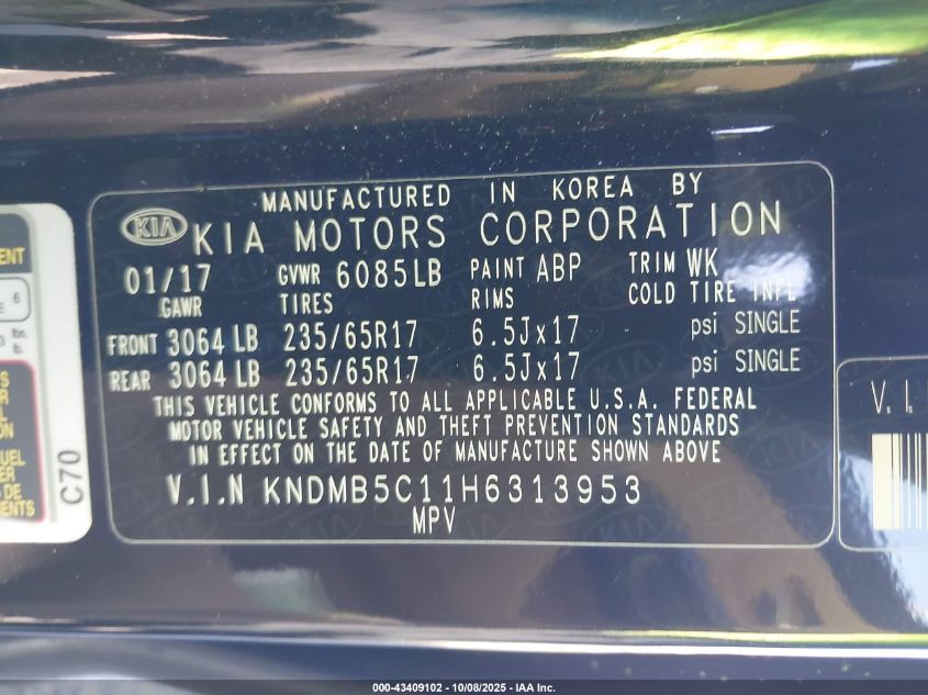 2017 Kia Sedona Lx VIN: KNDMB5C11H6313953 Lot: 43409102