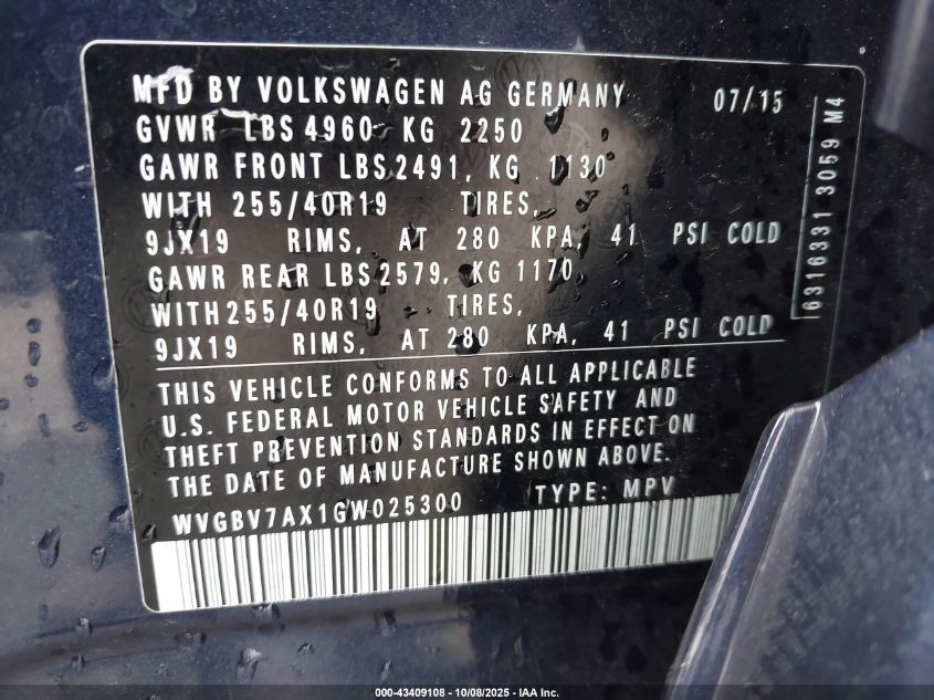 2016 Volkswagen Tiguan R-Line VIN: WVGBV7AX1GW025300 Lot: 43409108