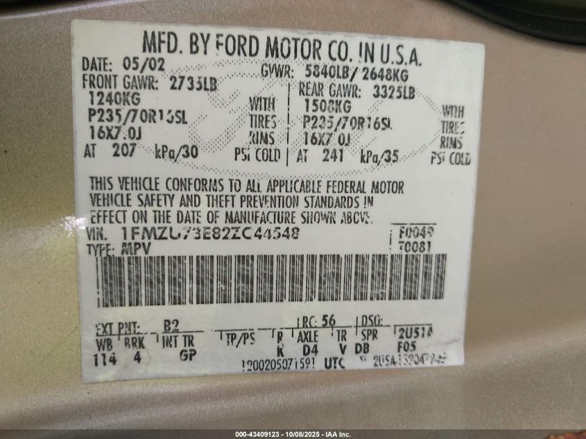 2002 Ford Explorer Xlt VIN: 1FMZU73E82ZC44548 Lot: 43409123