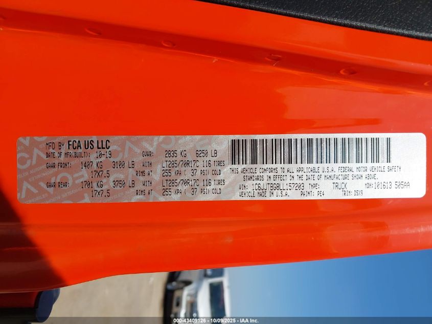 2020 Jeep Gladiator Rubicon 4X4 VIN: 1C6JJTBG8LL157203 Lot: 43409126