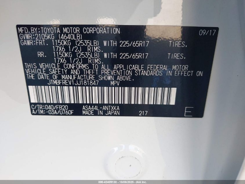 2018 Toyota Rav4 Le VIN: JTMBFREV1JJ181847 Lot: 43409130