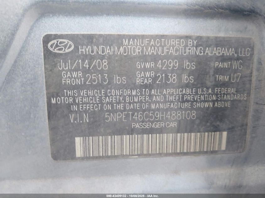 2009 Hyundai Sonata Gls VIN: 5NPET46C59H488108 Lot: 43409132