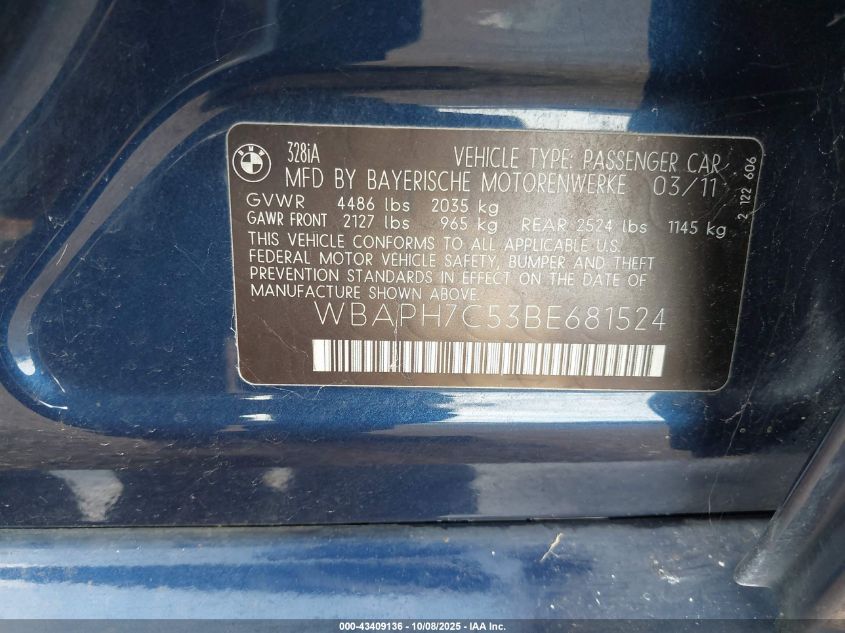 2011 BMW 328I VIN: WBAPH7C53BE681524 Lot: 43409136