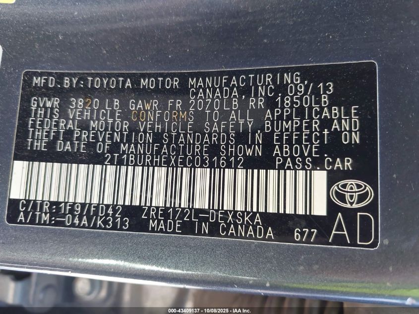 2014 Toyota Corolla S Plus VIN: 2T1BURHEXEC031612 Lot: 43409137