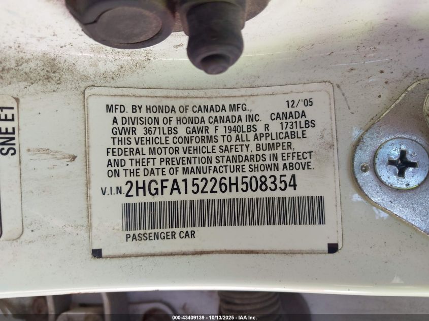 2006 Honda Civic Dx VIN: 2HGFA15226H508354 Lot: 43409139