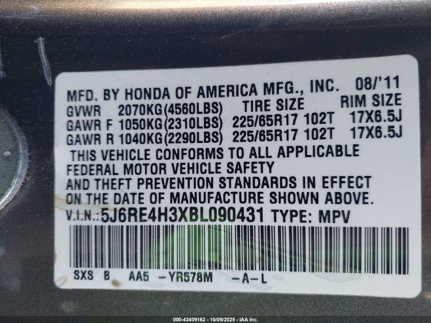 2011 Honda Cr-V Lx VIN: 5J6RE4H3XBL090431 Lot: 43409162