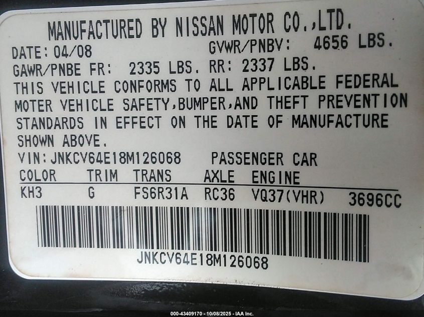 2008 Infiniti G37 Sport VIN: JNKCV64E18M126068 Lot: 43409170