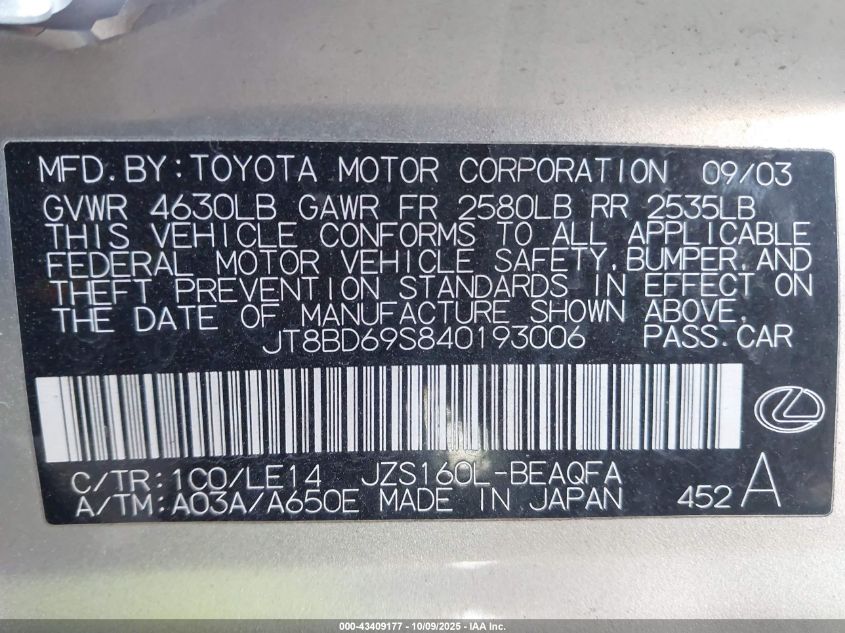 2004 Lexus Gs 300 VIN: JT8BD69S840193006 Lot: 43409177