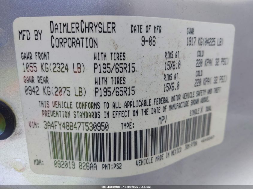 2007 Chrysler Pt Cruiser VIN: 3A4FY48B47T530950 Lot: 43409180