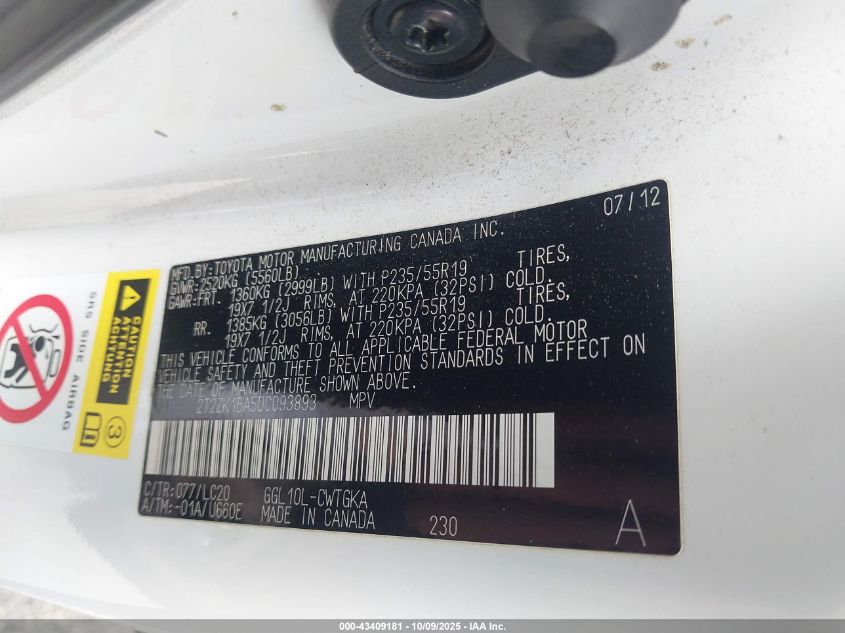 2013 Lexus Rx 350 VIN: 2T2ZK1BA5DC093893 Lot: 43409181