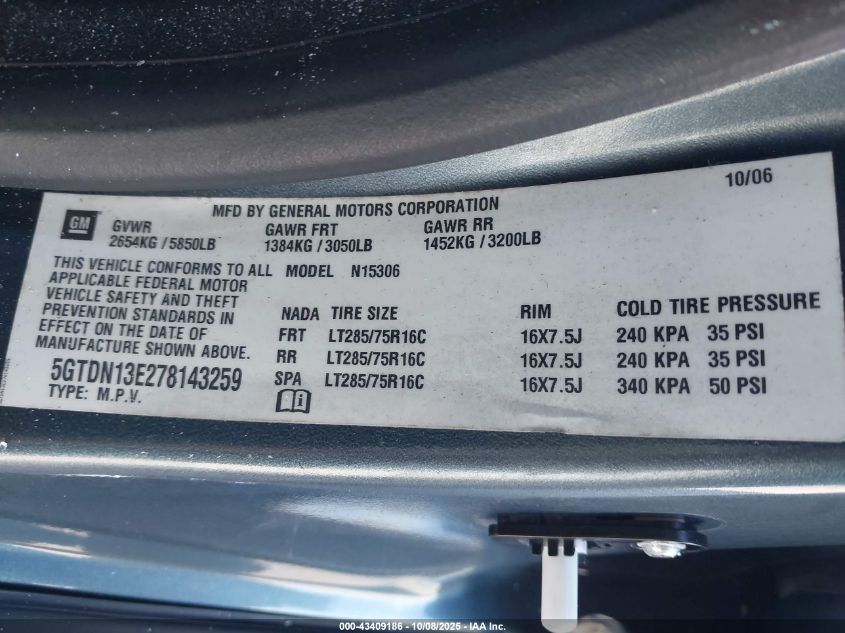 2007 Hummer H3 VIN: 5GTDN13E27814259 Lot: 43409186