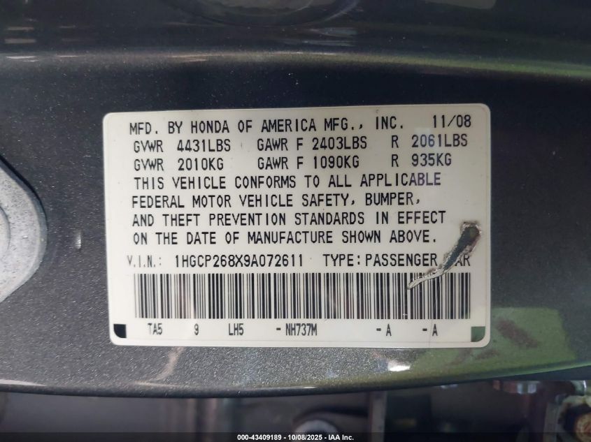 2009 Honda Accord 2.4 Ex-L VIN: 1HGCP268X9A072611 Lot: 43409189
