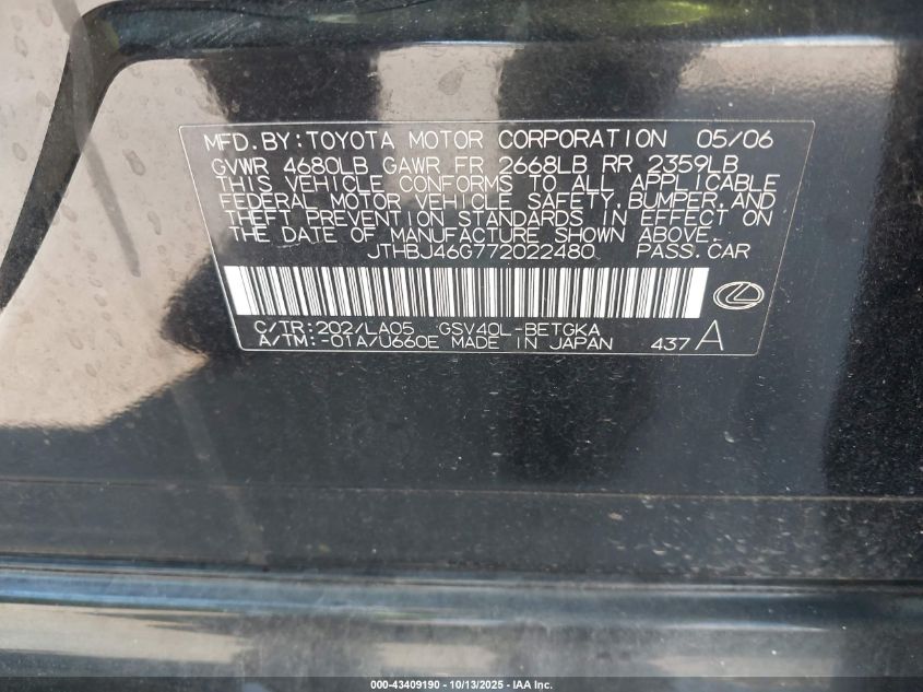 2007 Lexus Es 350 VIN: JTHBJ46G772022480 Lot: 43409190