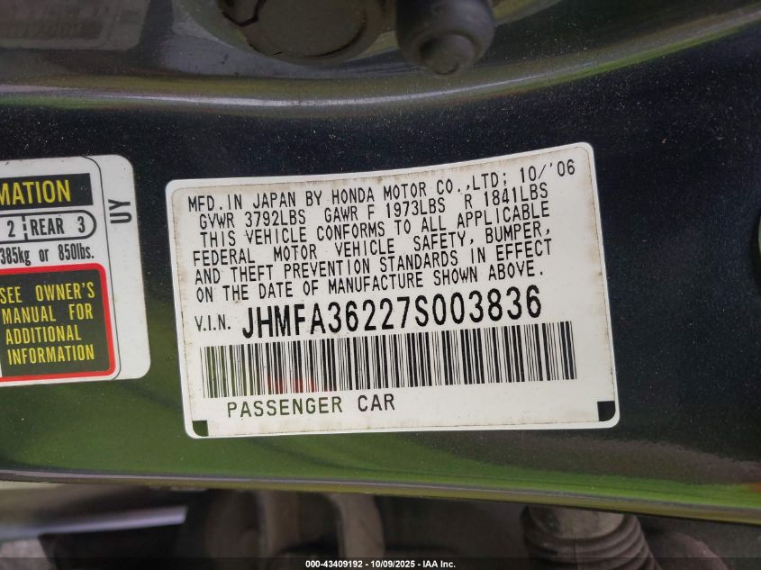 2007 Honda Civic Hybrid VIN: JHMFA36227S003836 Lot: 43409192