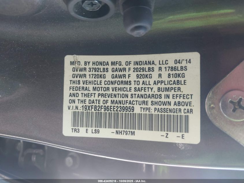 2014 Honda Civic Ex-L VIN: 19XFB2F96EE239959 Lot: 43409216