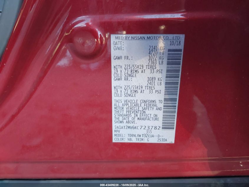 2019 Nissan Rogue Sl VIN: 5N1AT2MV6KC723782 Lot: 43409228